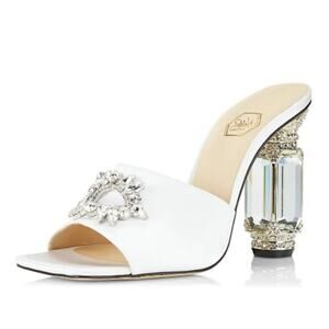 Nalebe Aurum 100mm Crystal Embellished Heeled Mule Square Toe Satin White Size 6